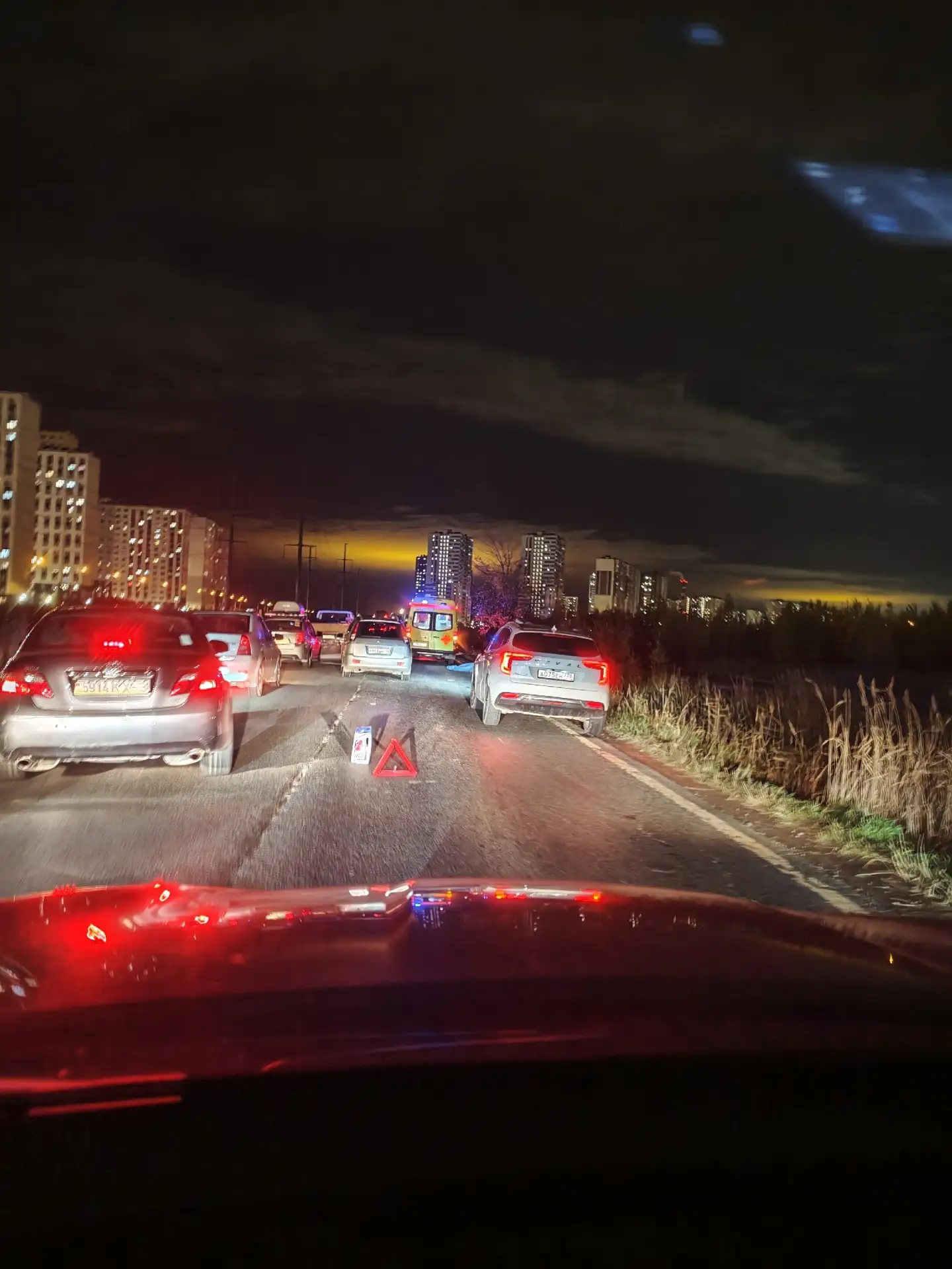 Муринская дорога, в районе дома 27к1. Скорее всего - сбили человека. К сожалению, тело ...