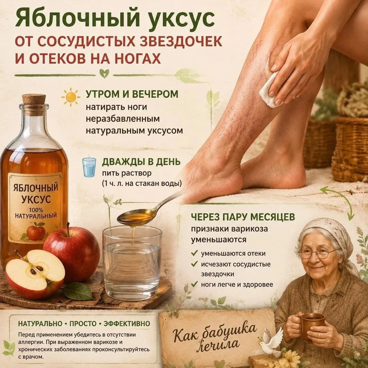 Яблочный уксус от сосудистых звездочек и отеков на ногах.