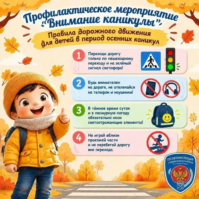 В преддверии школьных каникул с 14 по 23 октября 2026 года Госавтоинспекция проводит пр...