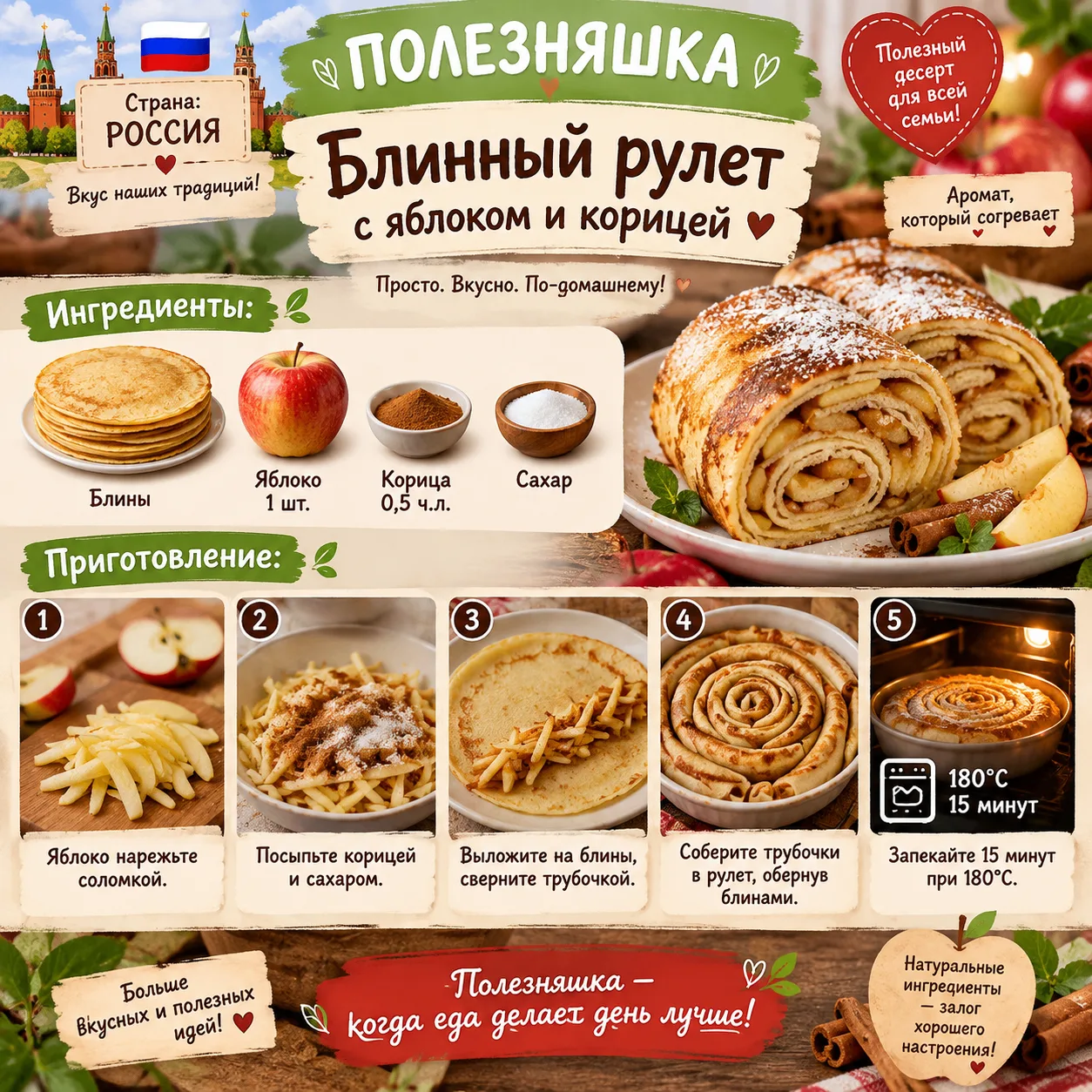 Блинный рулет с яблоком и корицей Ингредиенты: блины, яблоко 1 шт., корица 0.5 ч.л., са...