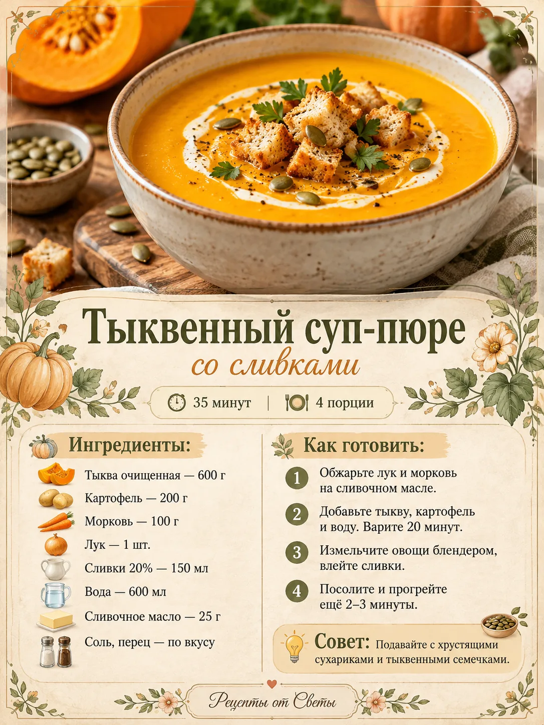 🥣 Тыквенный суп-пюре с сухариками, который согревает одним своим солнечным видом!