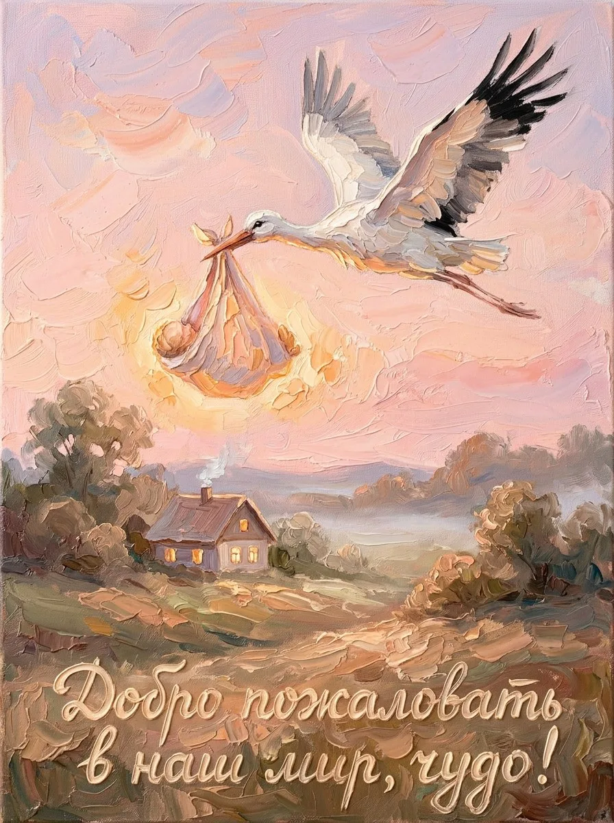 Добро пожаловать в наш мир, чудо! Аист несёт тебя в тёплом одеяле, а внизу уже светится...