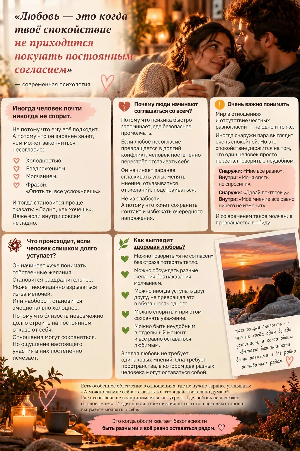 ✨ «Любовь — это когда твоё спокойствие не приходится покупать постоянным согласием»