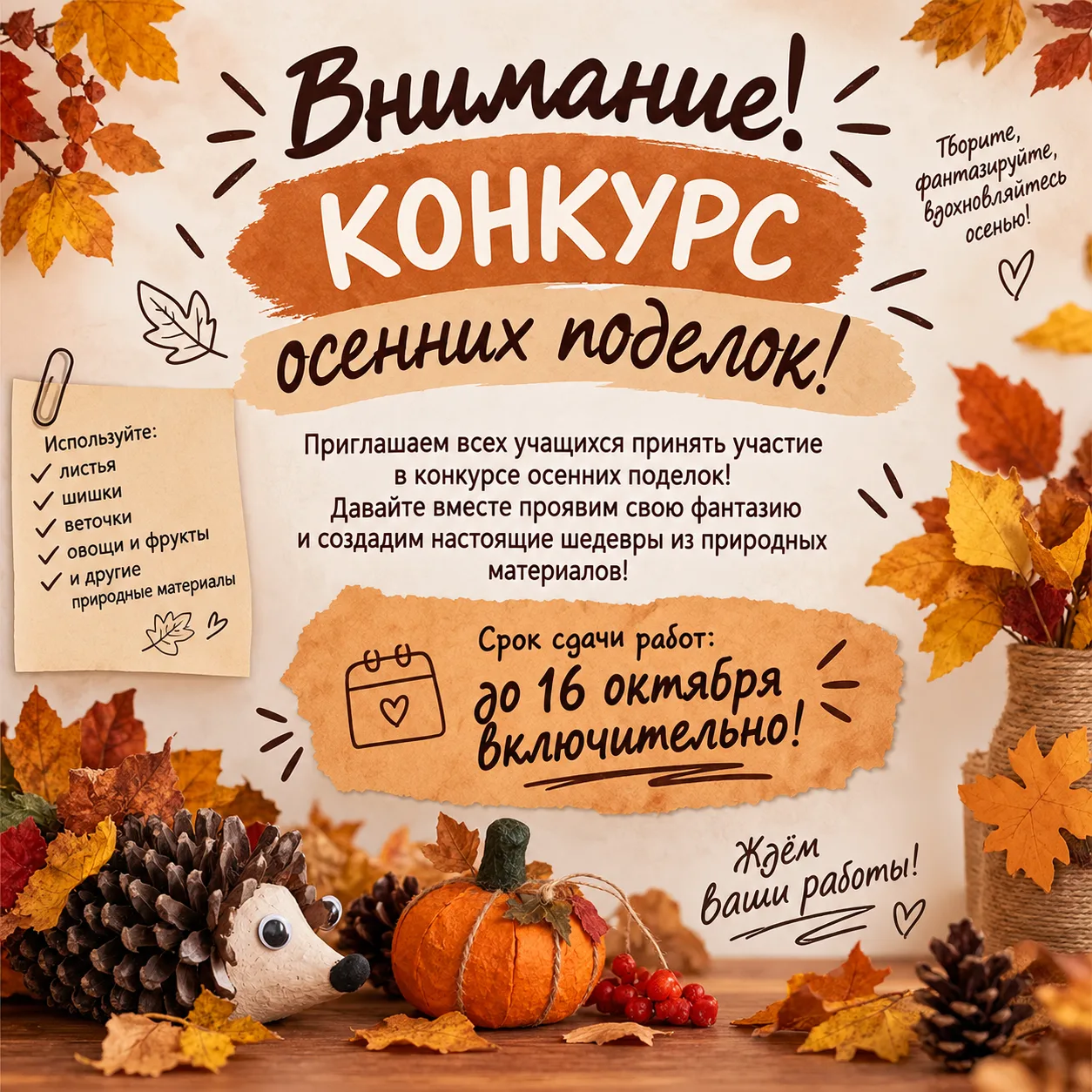 🍂 ВНИМАНИЕ! КОНКУРС ОСЕННИХ ПОДЕЛОК! 🍁