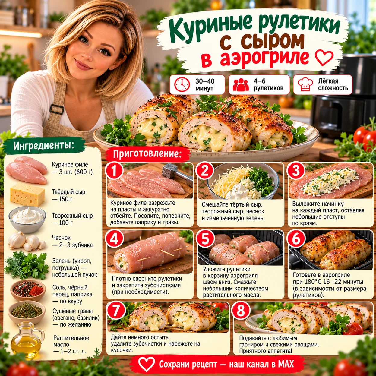🍗❤️ КУРИНЫЕ РУЛЕТИКИ С СЫРОМ В АЭРОГРИЛЕ 🧀