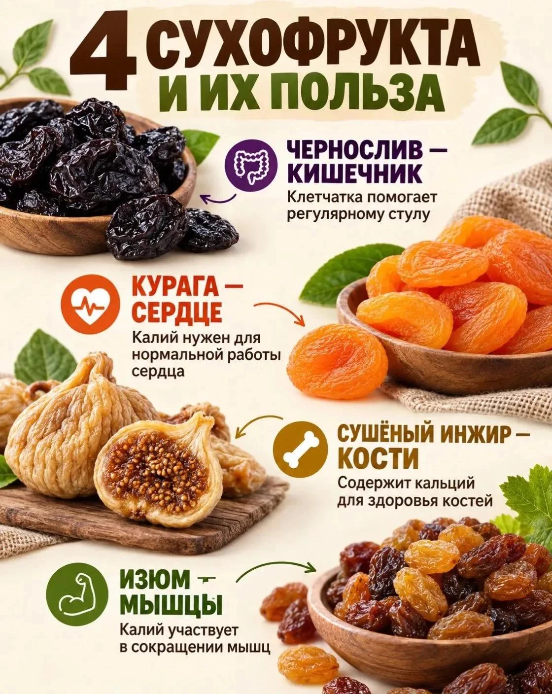 Какой сухофрукт «любит» кишечник, а какой — сердце? 🍇