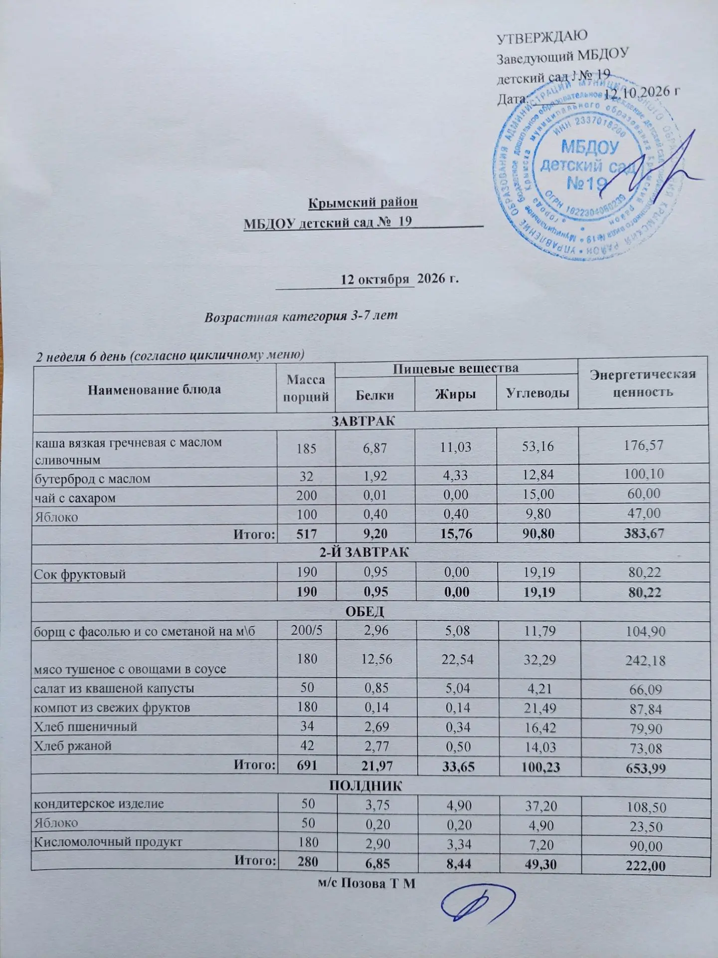 Меню на 12 октября 2026г.🍋🥬