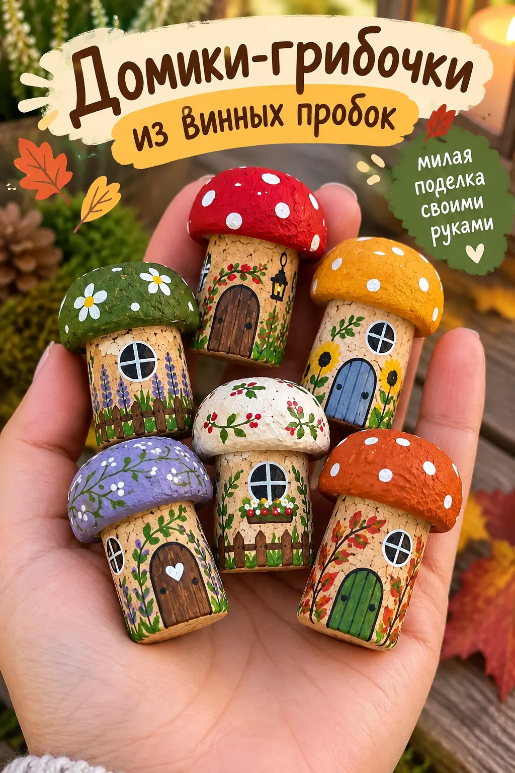 Домики-грибочки из винных пробок — милая поделка своими руками для уютного осеннего дек...