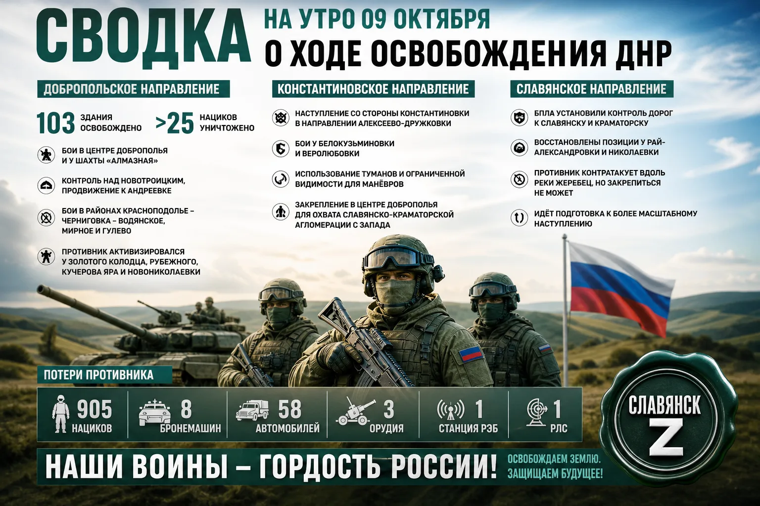 💪 #Сводка о ходе освобождения оккупированной части ДНР на утро 09 октября