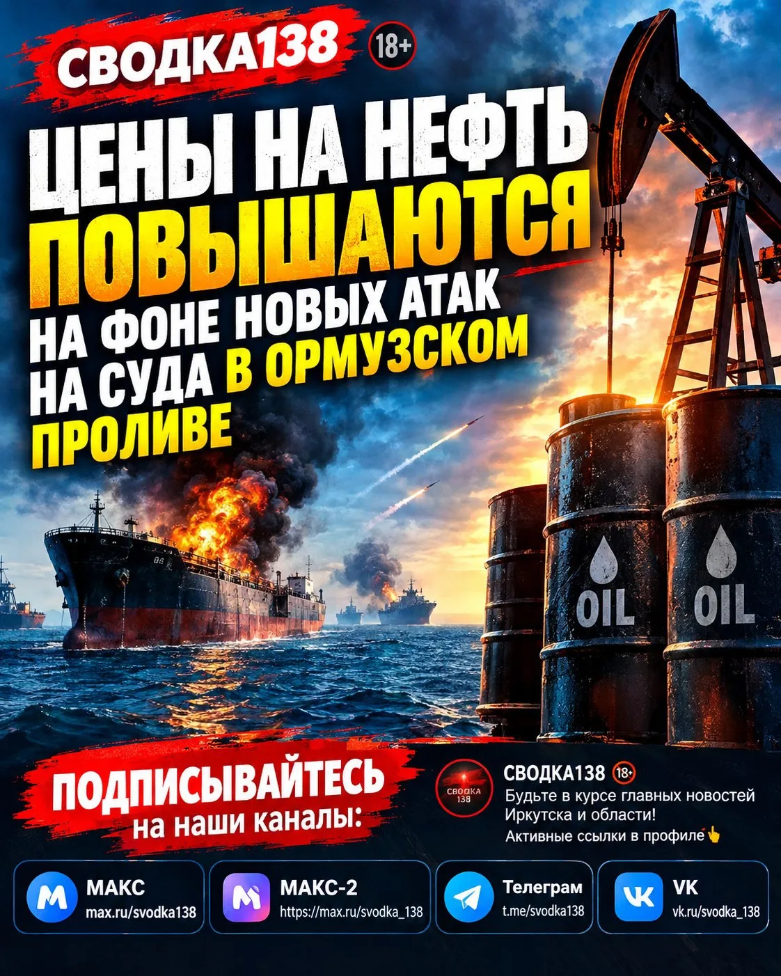⚠️‼️💥Цены на нефть повышаются на фоне новых атак на суда в Ормузском проливе