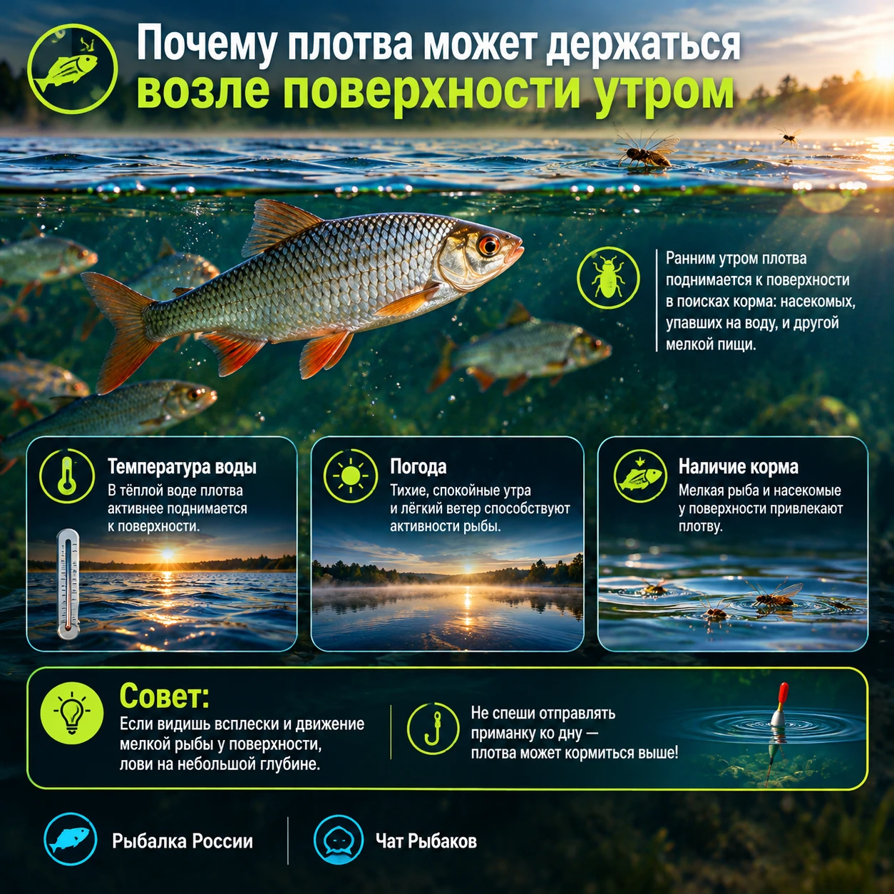 🟢 Почему плотва держится у поверхности утром