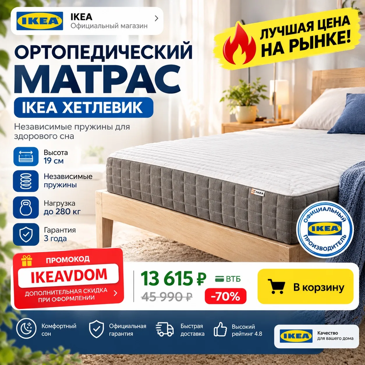 🛏️ Матрас IKEA Хетлевик 160×200 см