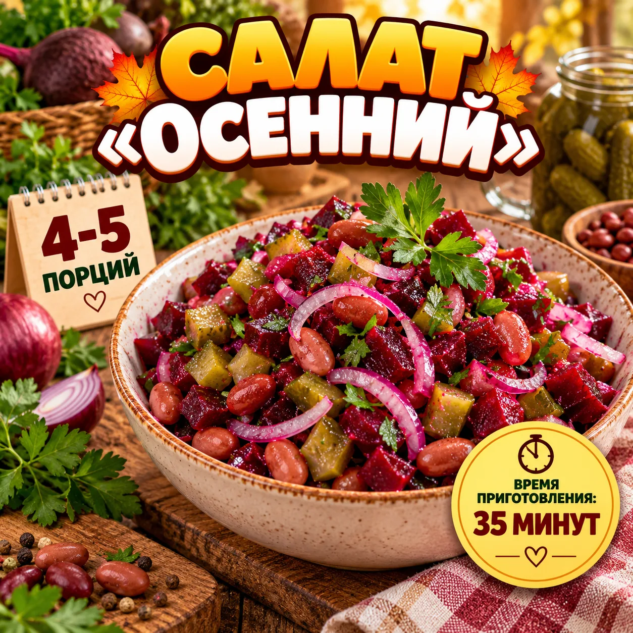 🥗 Салат «Осенний» — со свёклой, солёными огурчиками и фасолью