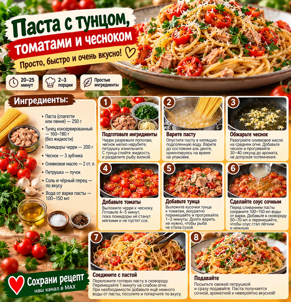 🍝 ПАСТА С ТУНЦОМ, ТОМАТАМИ И ЧЕСНОКОМ 🍅🐟