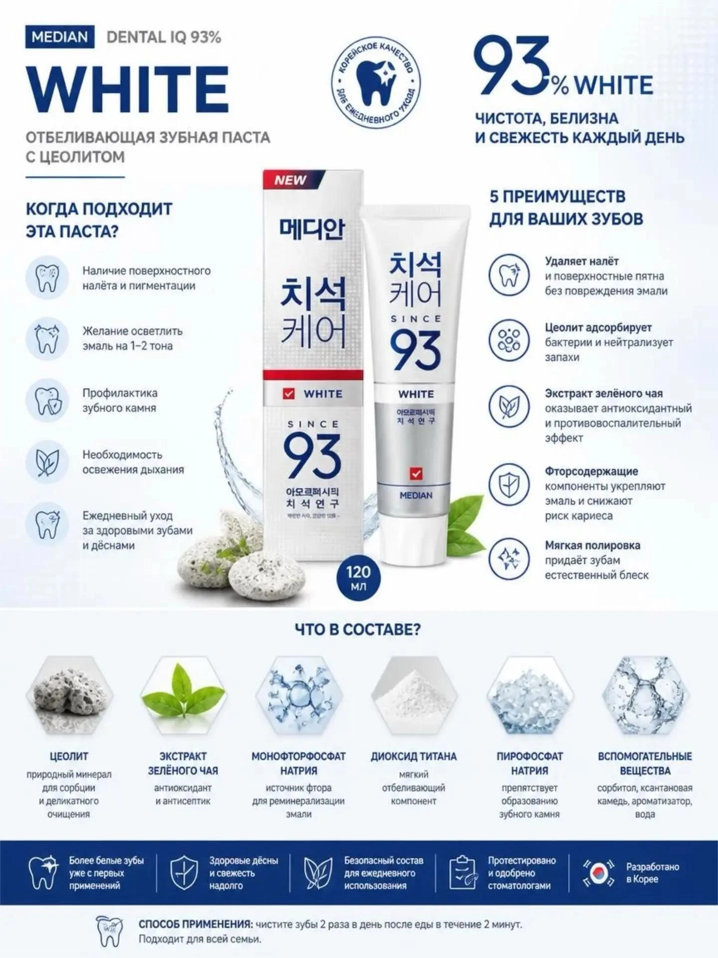 Отбеливающая зубная паста с цеолитом Median Dental IQ 93% White