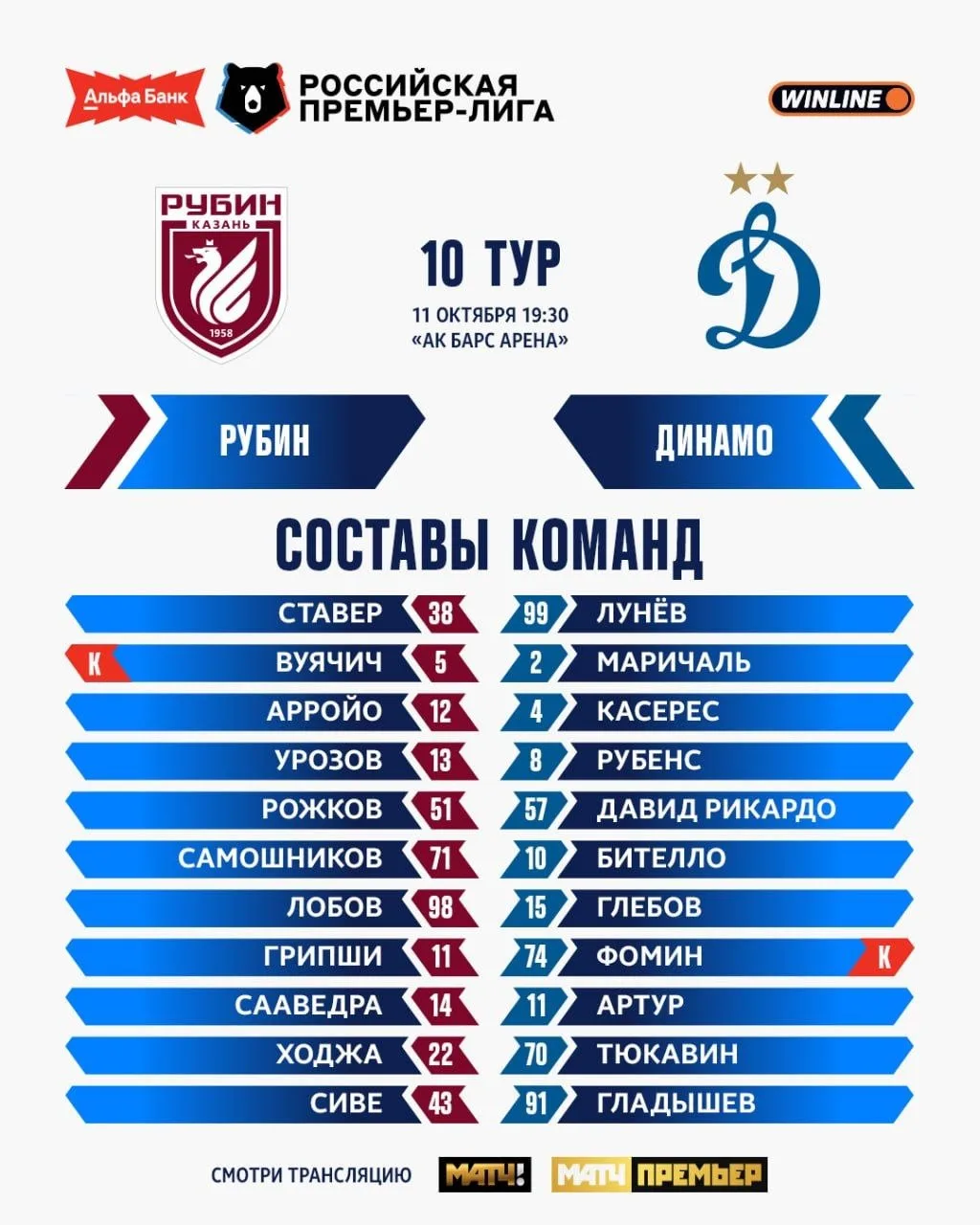 ⚽️🔵Составы на матч Рубин - Динамо 🧐
