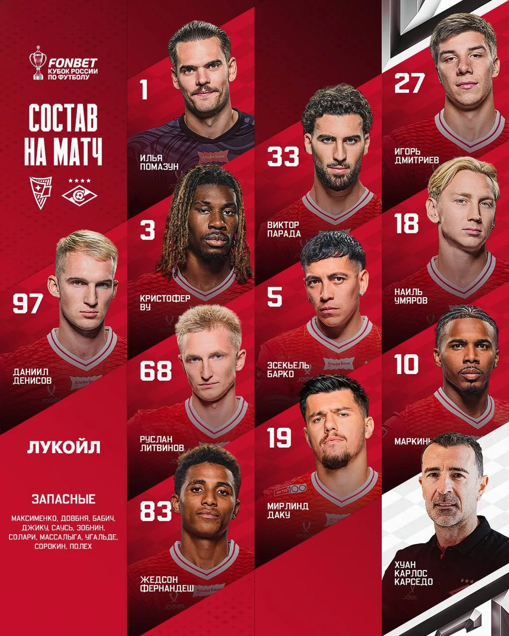 🔴⚪️ Стартовый состав «Спартака» на сегодняшний матч Кубка России! 🏆