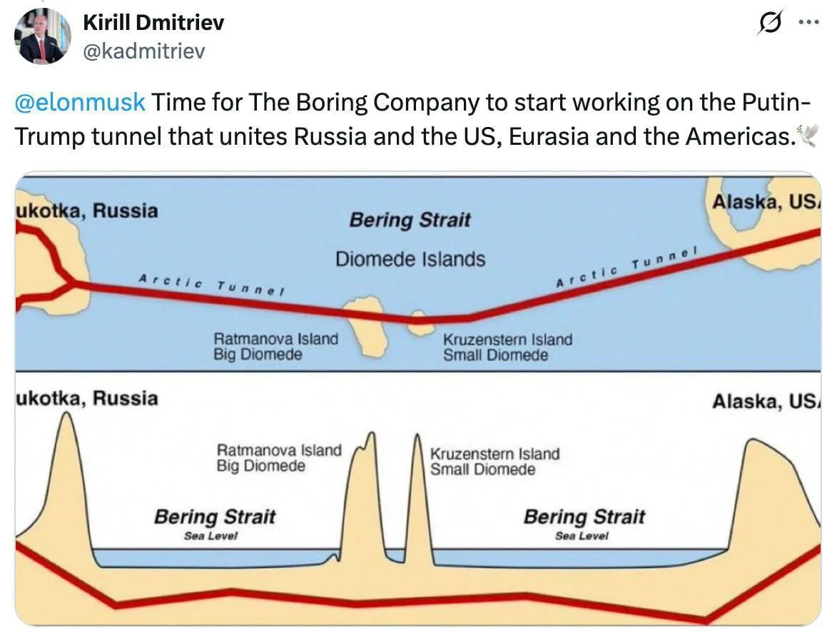 🚇 Дмитриев предложил Маску построить тоннель между Россией и США.