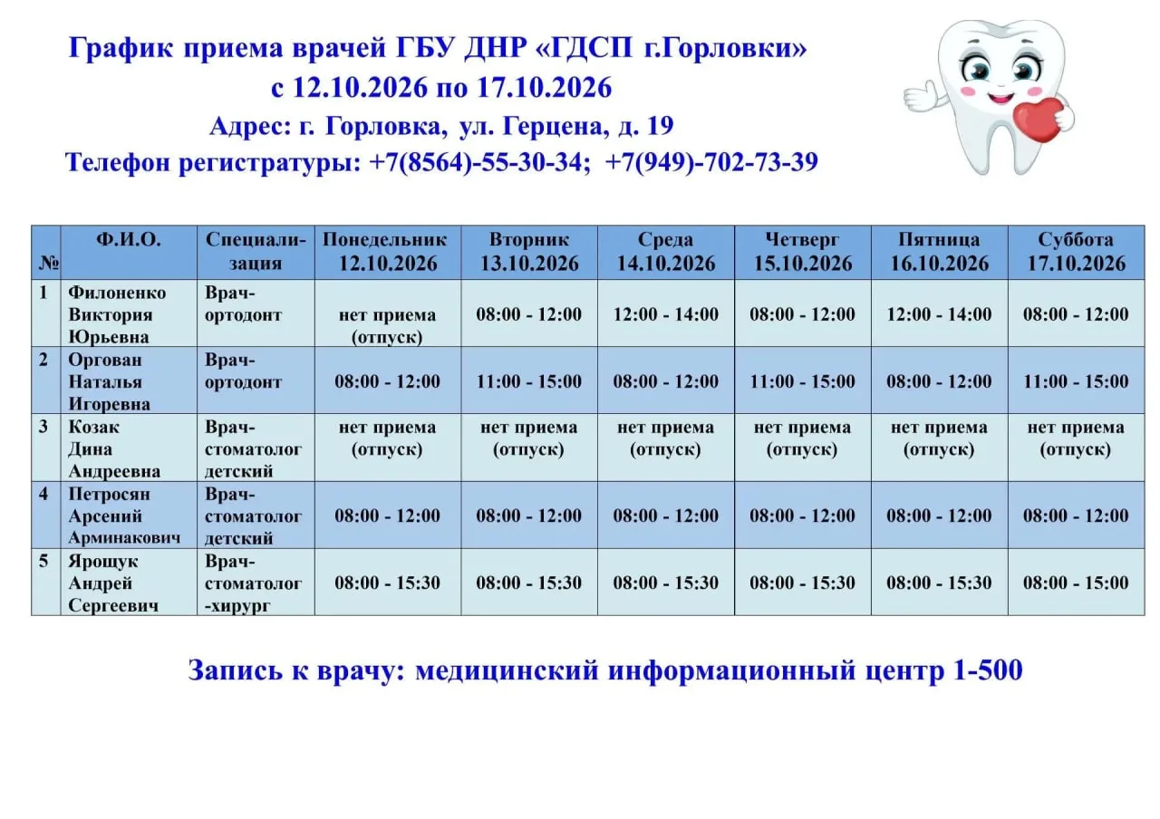 График работы специалистов ГБУ ДНР «ГДСП г.Горловки», ГБУ ДНР «Городской наркологически...