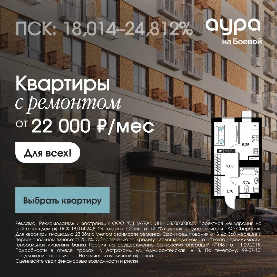 Квартиры с ремонтом в жилом квартале у реки в Астрахани!