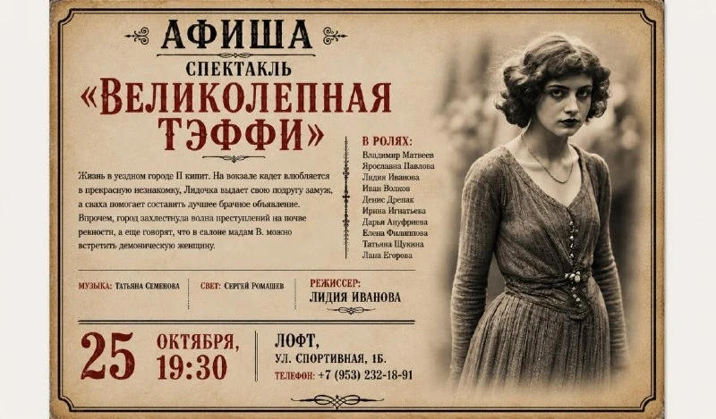 В Пскове покажут спектакль Великолепная Тэффи. Премьера пройдет в воскресенье, 25 октяб...