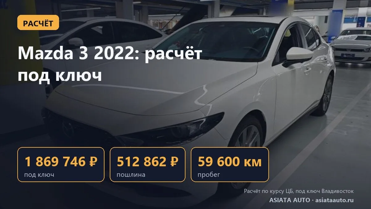 🧮 Расчёт: Mazda 3 Axela 2022, пробег 59 600 км, 1 869 746 ₽ под ключ