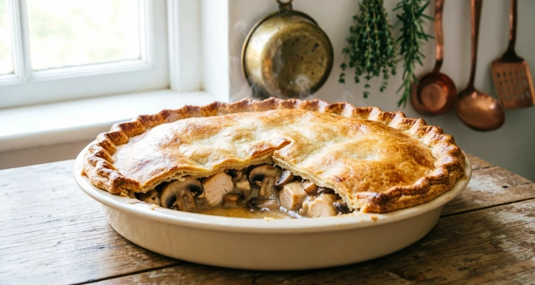 🥮 ЗОЛОТИСТЫЙ ЗАЛИВНОЙ ПИРОГ С КУРИЦЕЙ И ГРИБАМИ — 64₽/порция