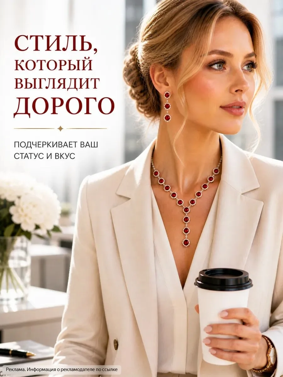 Комплект серьги и колье красного цвета