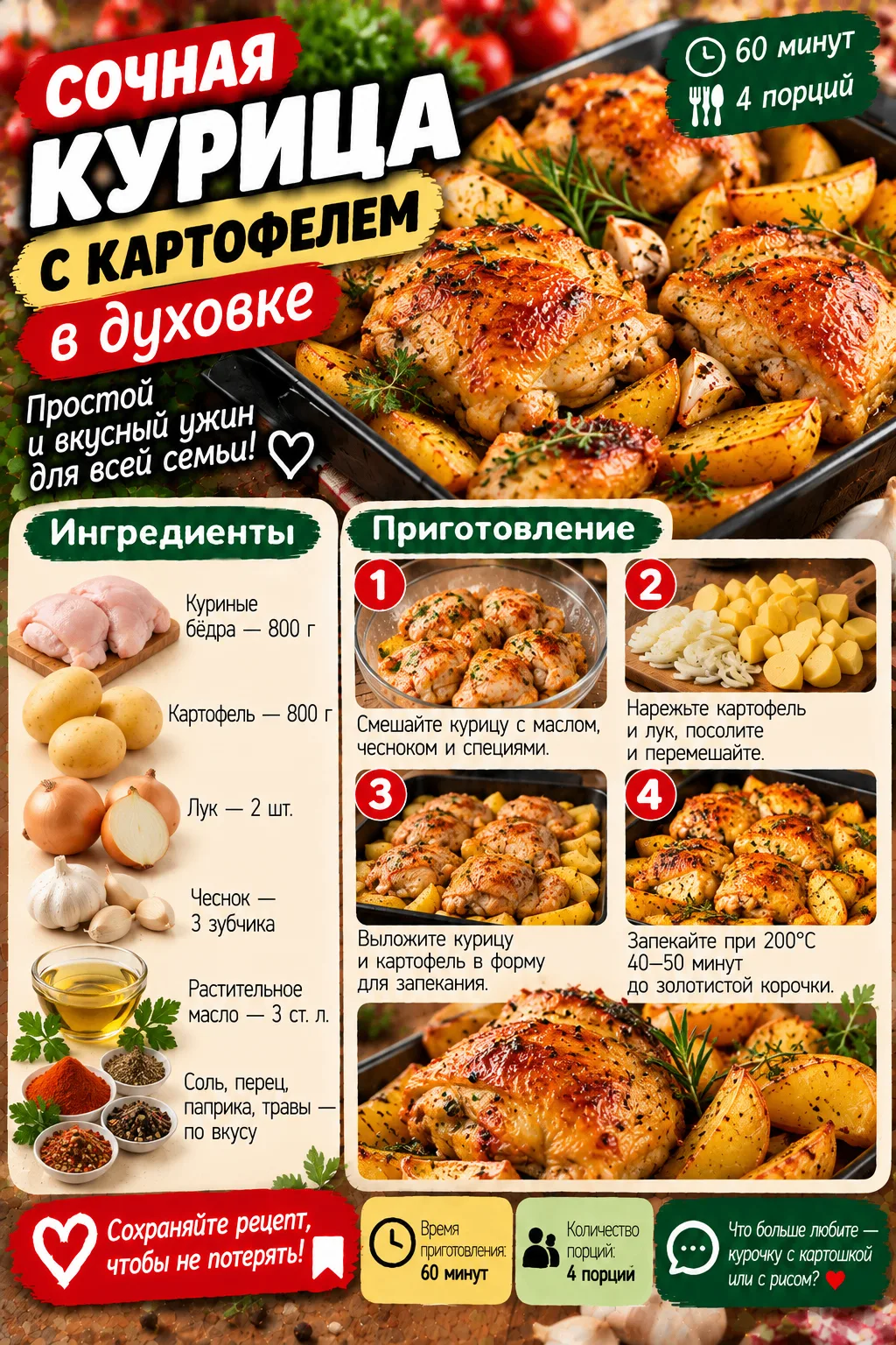🍗 СОЧНАЯ КУРИЦА С КАРТОФЕЛЕМ В ДУХОВКЕ 🥔❤️Румяная курочка, ароматный картофель и спец...