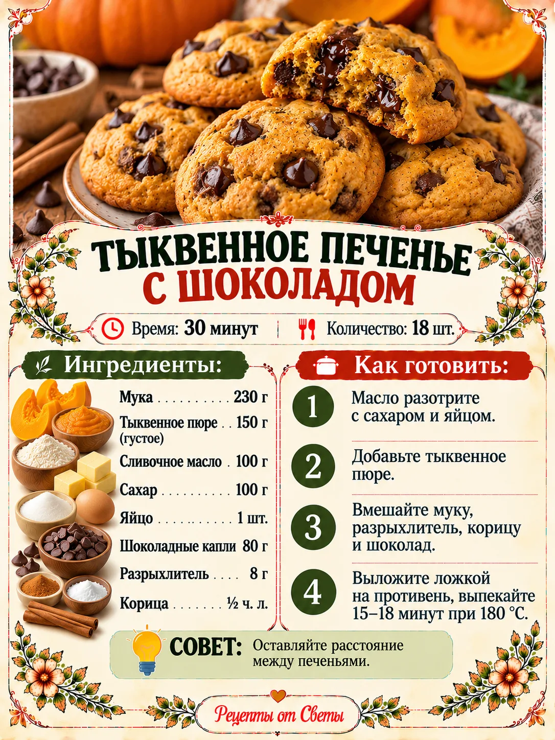 🍪 Тыквенное печенье с шоколадом, румяное и аппетитное, с которым осеннее чаепитие стан...