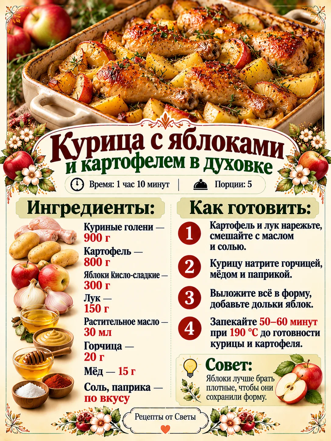 🍗 Румяная курочка с яблоками и картофелем, когда вся вкуснота готовится в одной форме,...