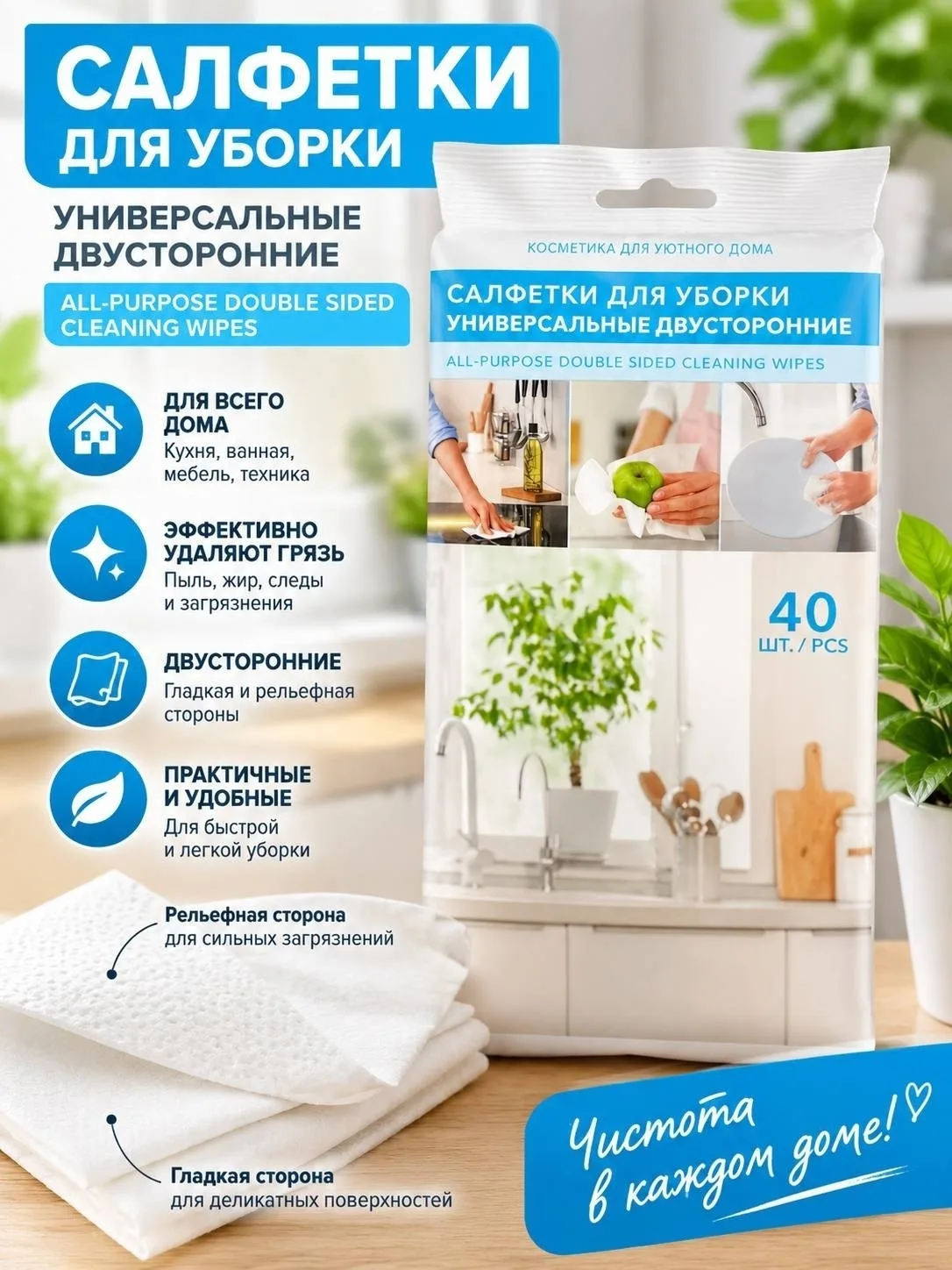 ✨ Универсальные двусторонние салфетки для уборки — 40 шт. ✨