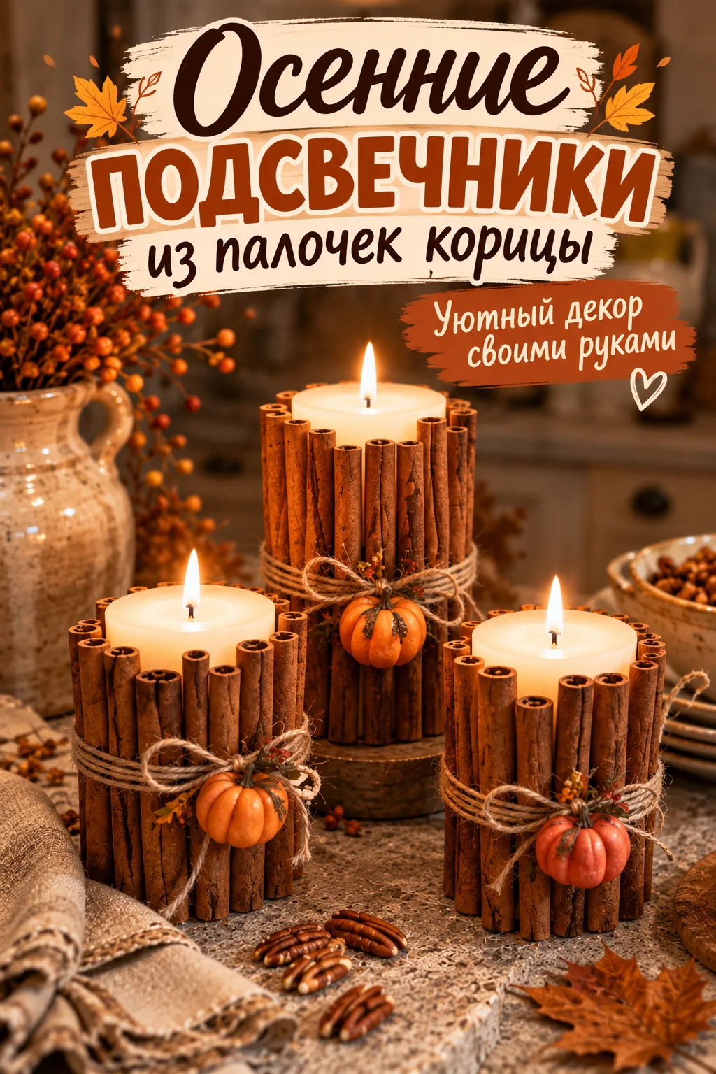Осенние подсвечники из палочек корицы — уютный декор своими руками для дома.