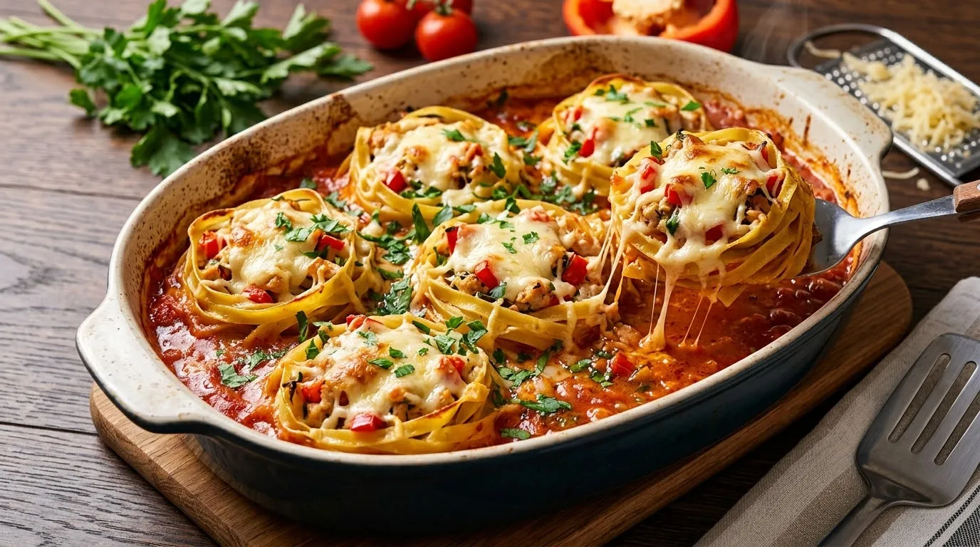 🍝 Идея для быстрого и сытного ужина: сочные «гнёзда» с курицей, овощами и тянущимся сы...