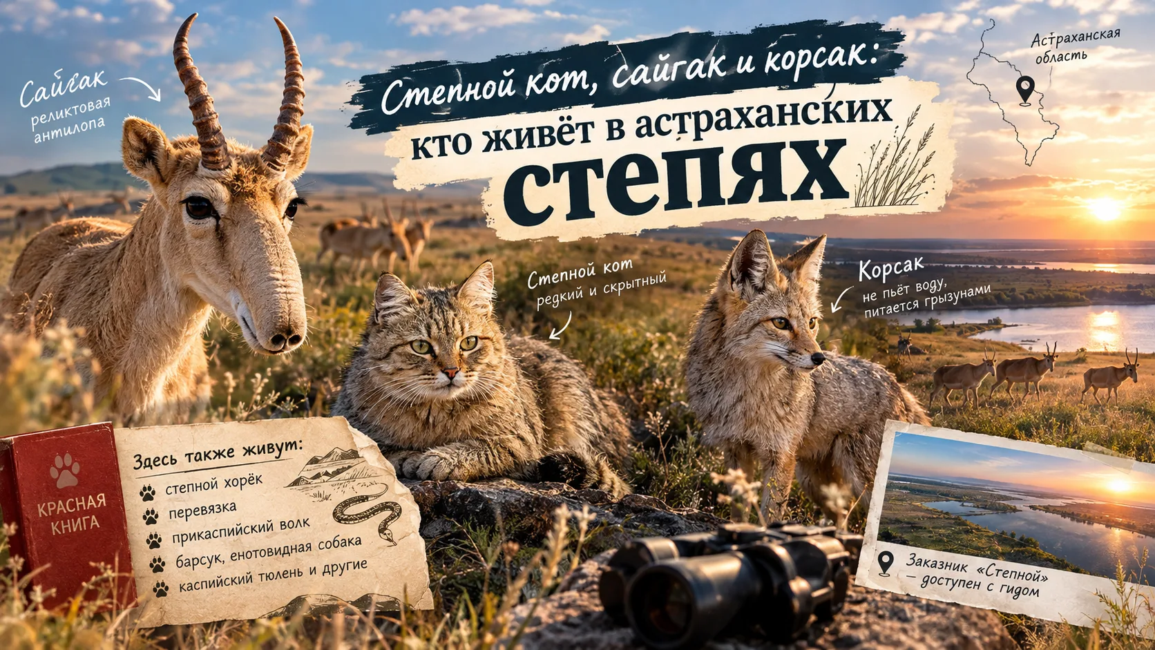 Степной кот, сайгак и корсак: кто живёт в астраханских степях