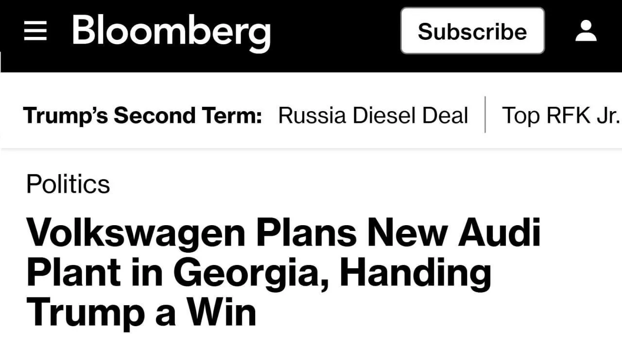 🇺🇸Bloomberg: Volkswagen инвестирует в новый завод в США 4,2 млрд долларов
