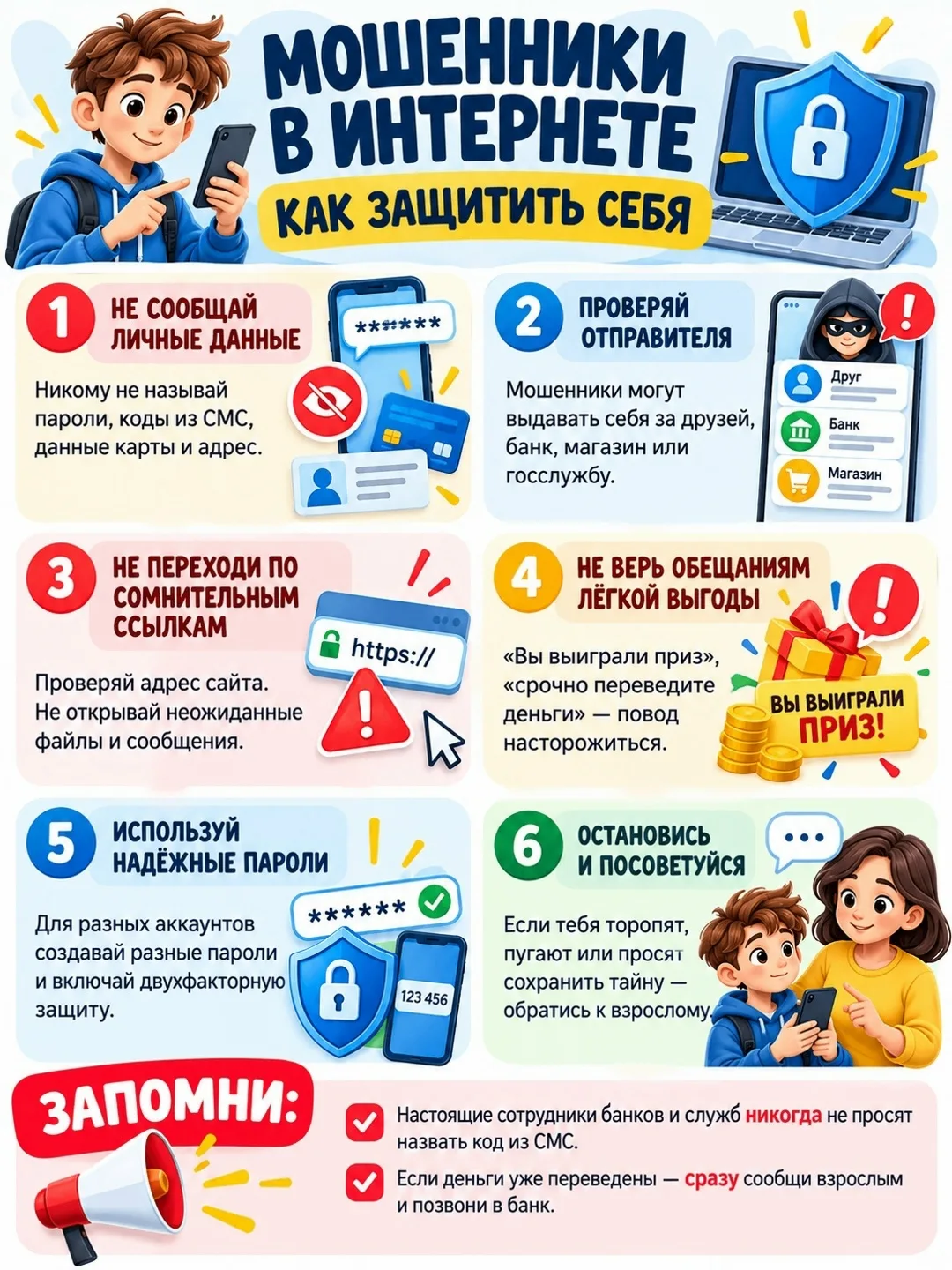 Информационный плакат «Мошенники в интернете: как защитить себя» познакомит детей с осн...