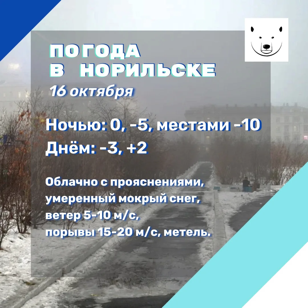 Прогноз погоды на 16.10.2026 (по данным Таймырского ЦГМС – филиала ФГБУ «СУГМС»): преим...