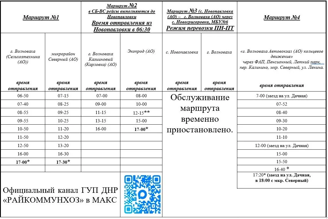 Актуальное расписание маршрутов, выполняемых ГУП ДНР «РАЙКОММУНХОЗ» на территории г.Вол...