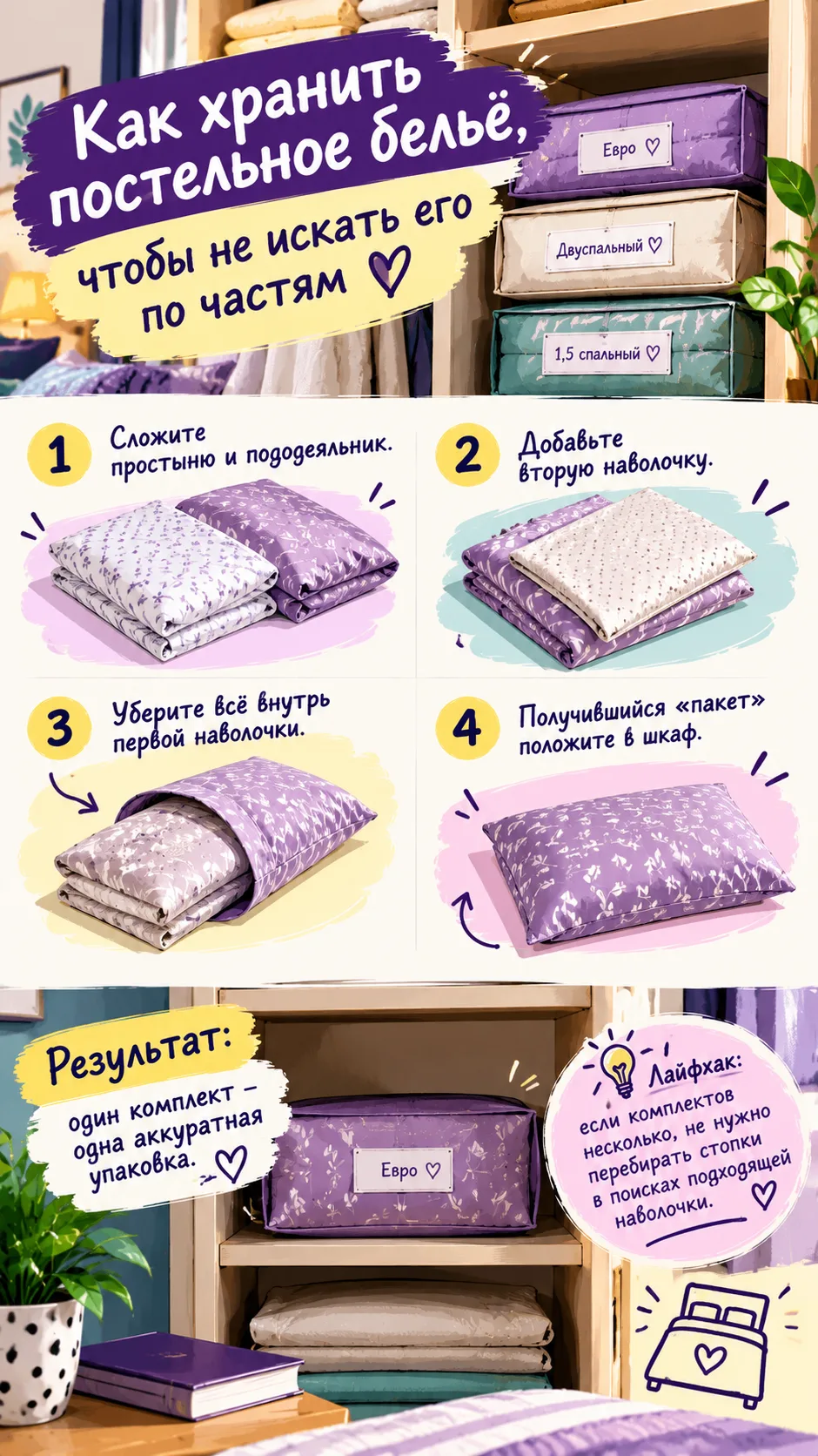 Как хранить постельное бельё, чтобы не искать его по частям
