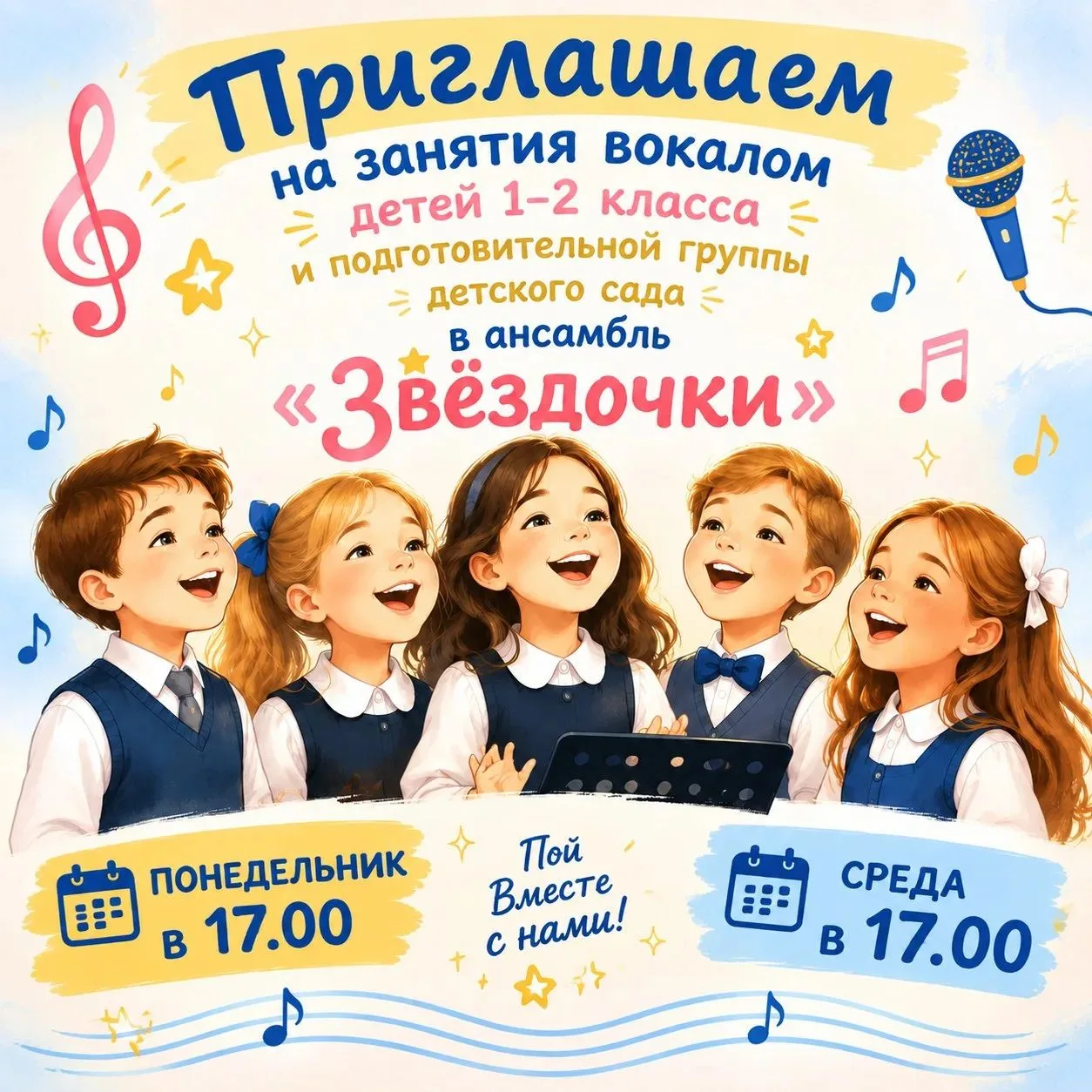 Приглашаем на занятия вокалом в ансамбль "ЗВЕЗДОЧКИ" для детей 1-2 класса 🎤