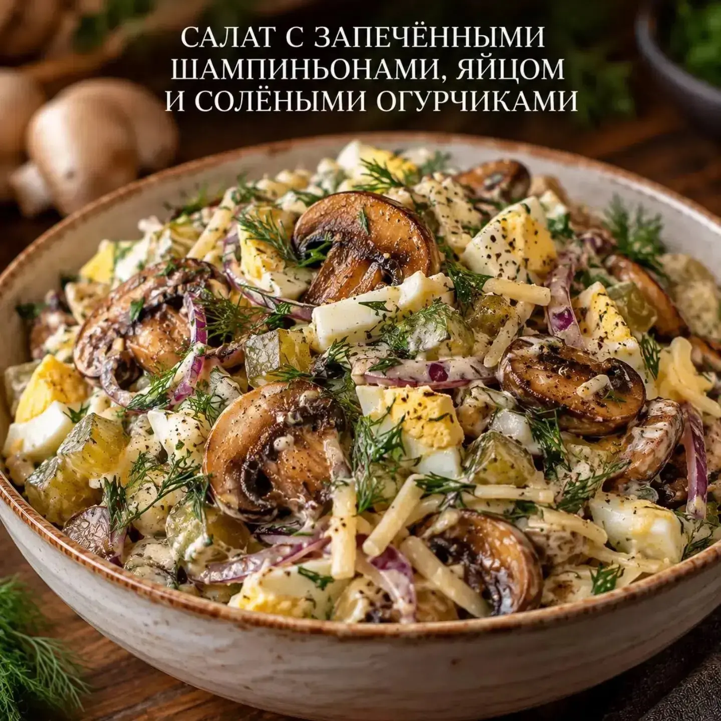 САЛАТ С ЗАПЕЧЁННЫМИ ШАМПИНЬОНАМИ, ЯЙЦОМ И СОЛЁНЫМИ ОГУРЧИКАМИ