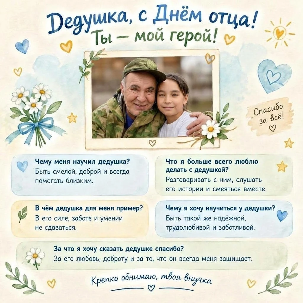 Киреева Юлиана поздравляет дедушку с днем отца и ждет его скорейшего возвращения домой.