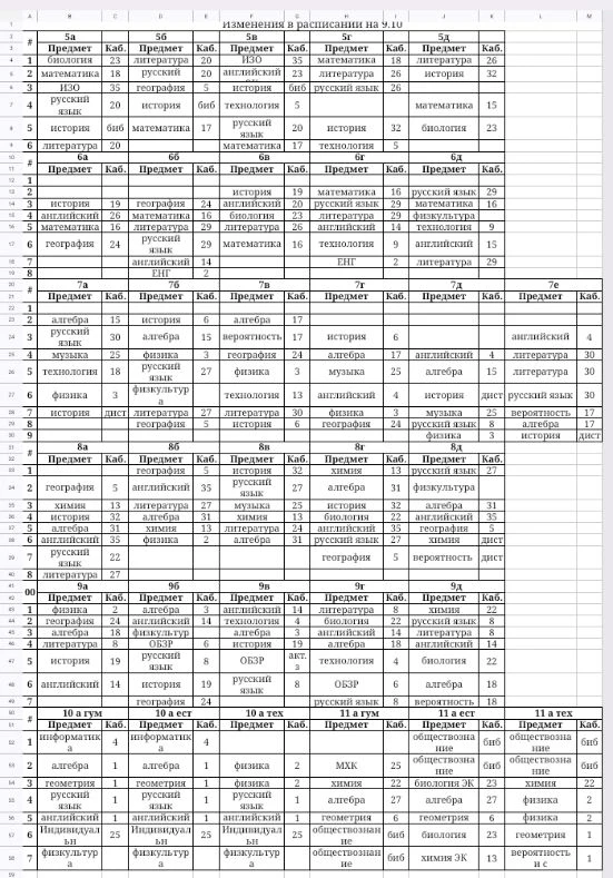 Изменения в расписании на 9.10