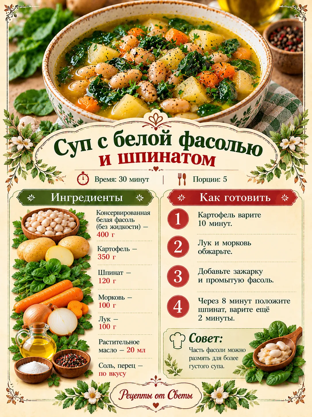 🥣 Густой суп с белой фасолью и шпинатом, после которого и на душе тепло, и голод надол...