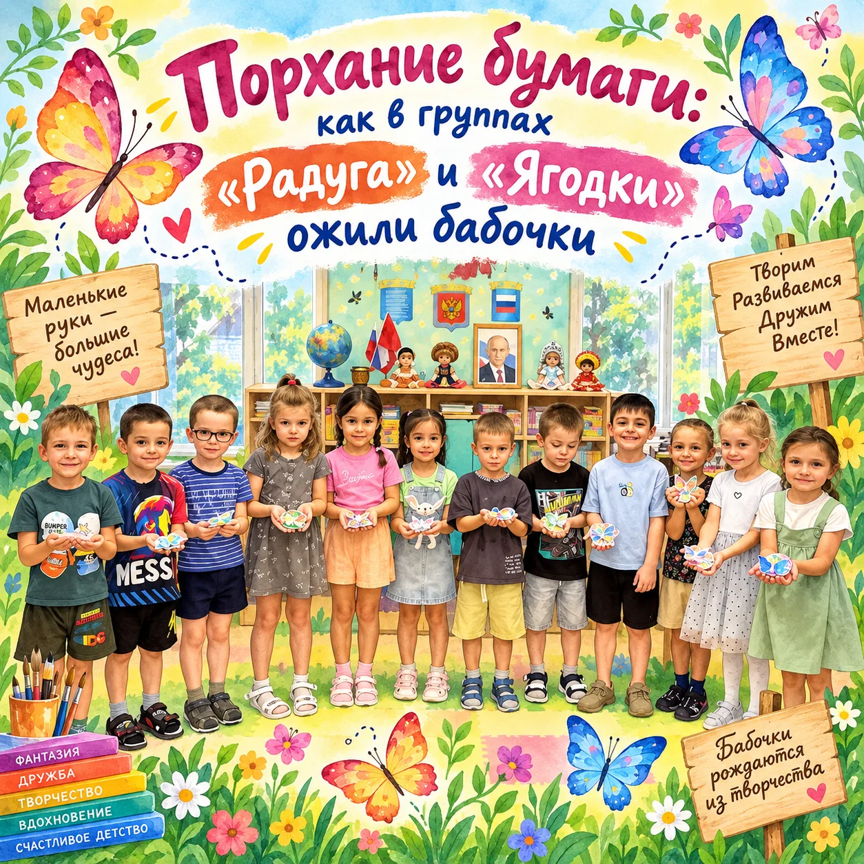 🦋 Тема недели «Насекомые»: создаем объемную аппликацию «Бабочка на полянке»