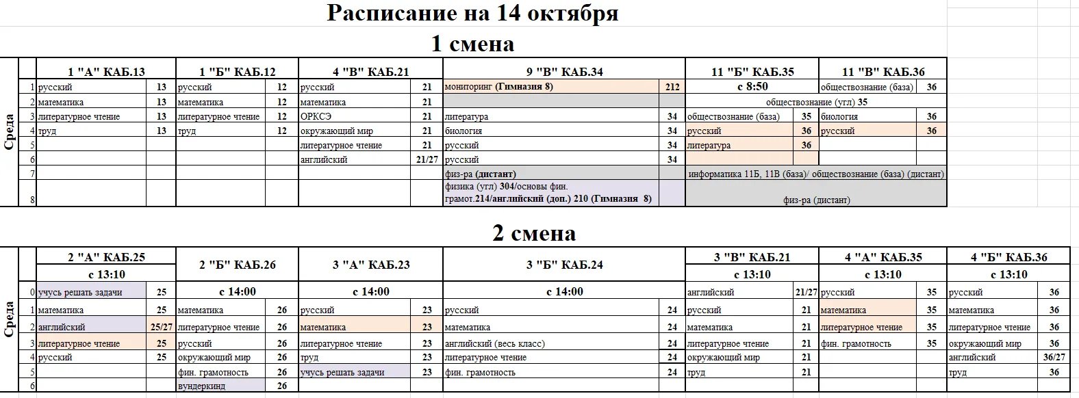 Расписание на среду (14 октября)
