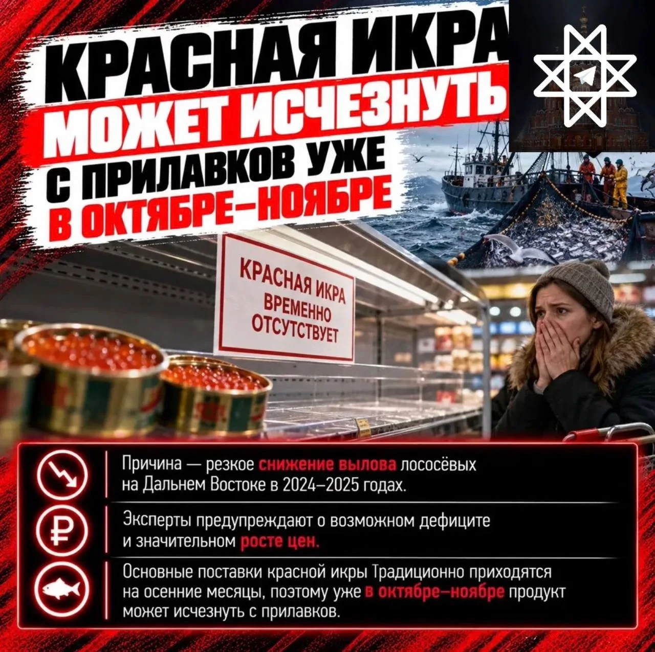 🐟 Красная икра может исчезнуть с прилавков уже в октябре–ноябре. На полках останутся и...