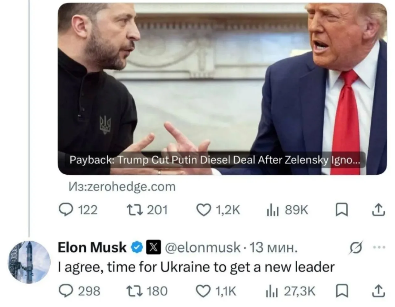 ‼️🇺🇦🏴‍☠"Пришло время": Маск поддержал идею Трампа об отставке Зеленского