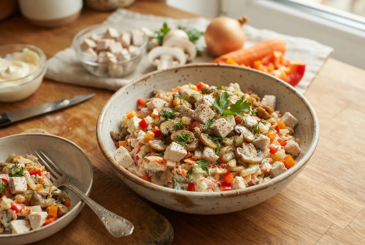 Рецепт салата из курицы с грибами и овощами